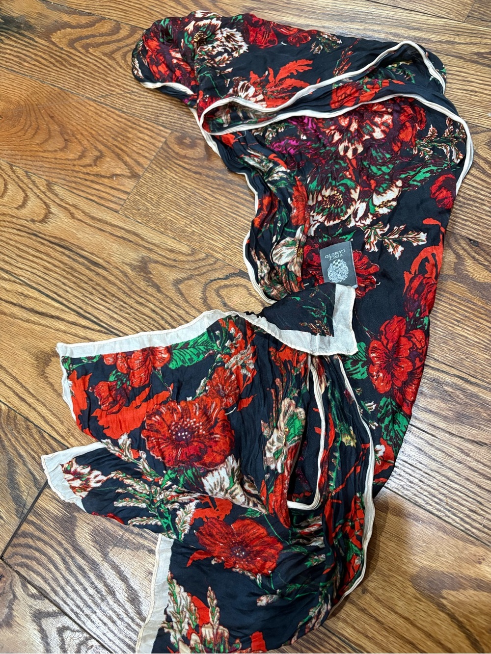 Vince Camuto Black Floral Lightweight Scarf with Cream Trim